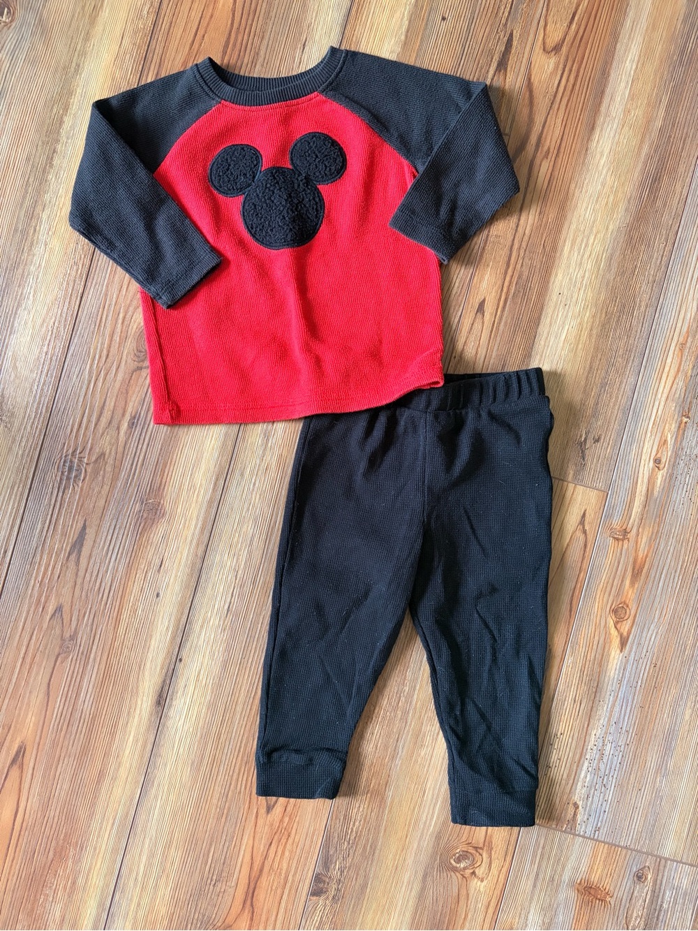 Kids Red and Black Mickey-Style Waffle Knit Top & Black Bottoms Set